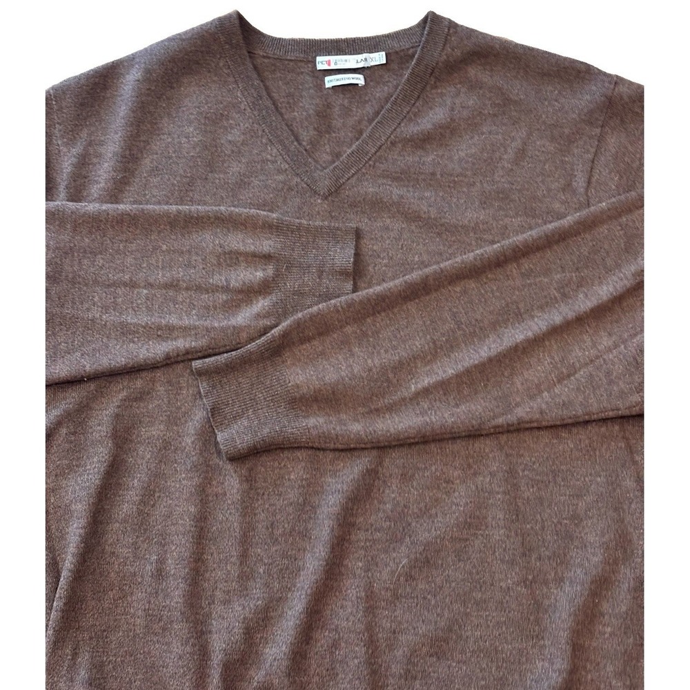Peter Millar Mens XL Carmel Brown Extra Fine Merino Wool V-Neck Sweater Italian